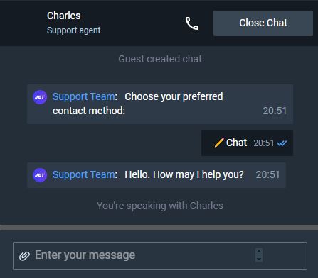 Chat with a live support agent at Jet Casino anytime