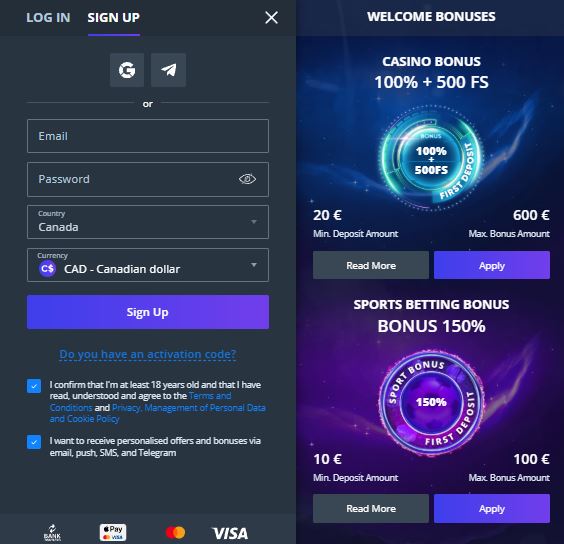Sign up and get a casino bonus of 100% plus 500 free spins on your first deposit 